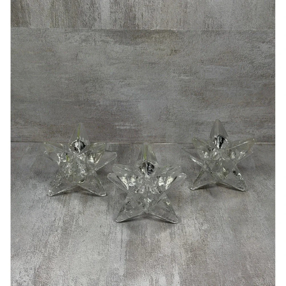 Vintage MCM 9 Point Clear Glass Starburst Candle Holders Set of 3 Celestial 70s